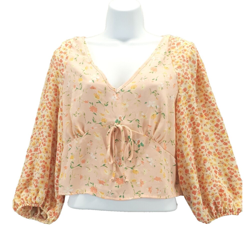 Sienna Sky Woman Sz XL Crop Top Peachy Floral V Neck Long Balloon Sleeve Y2K